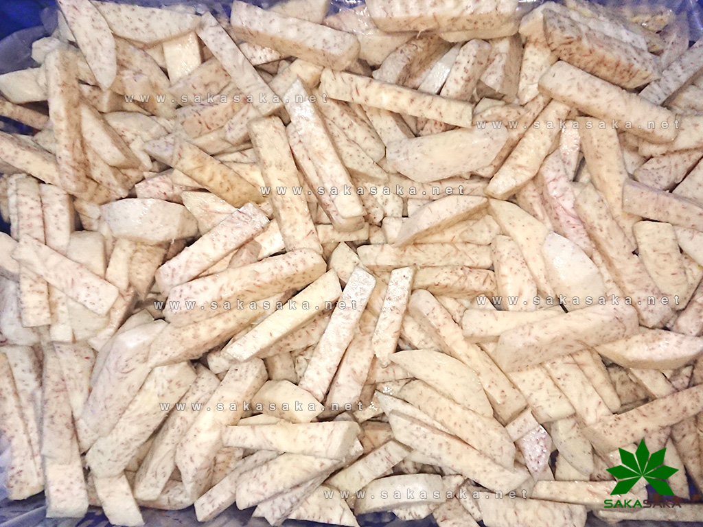 Taro sticks are fried, then frozen and packaged.